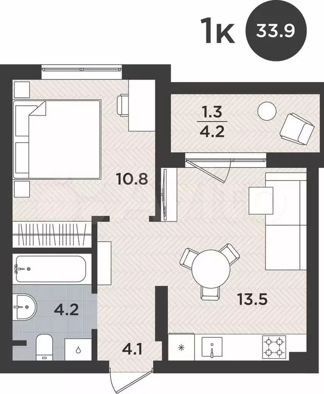 1-к. квартира, 33,9 м, 1/9 эт. - Фото 1