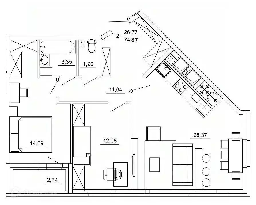2-к кв. Рязанская область, Рязань ул. Земнухова (74.87 м) - Фото 1