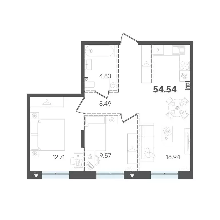 2-комнатная квартира: Казань, Вахитовский район (54.54 м) - Фото 1