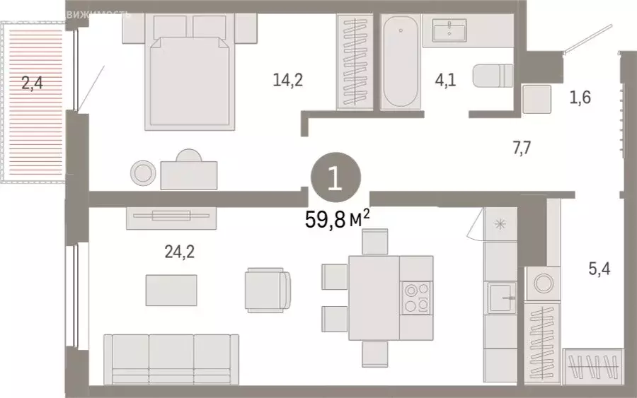 1-комнатная квартира: Тюмень, Мысовская улица, 26к2 (59.76 м) - Фото 0