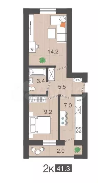 2-к. квартира, 41,3 м, 4/4 эт. - Фото 1