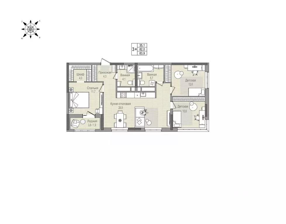3-к кв. Приморский край, Владивосток ул. 3-я Поселковая, 16/4 (83.9 м) - Фото 1