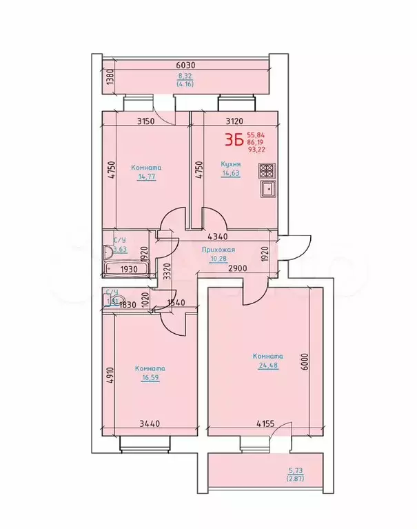 3-к. квартира, 93,2 м, 8/8 эт. - Фото 0