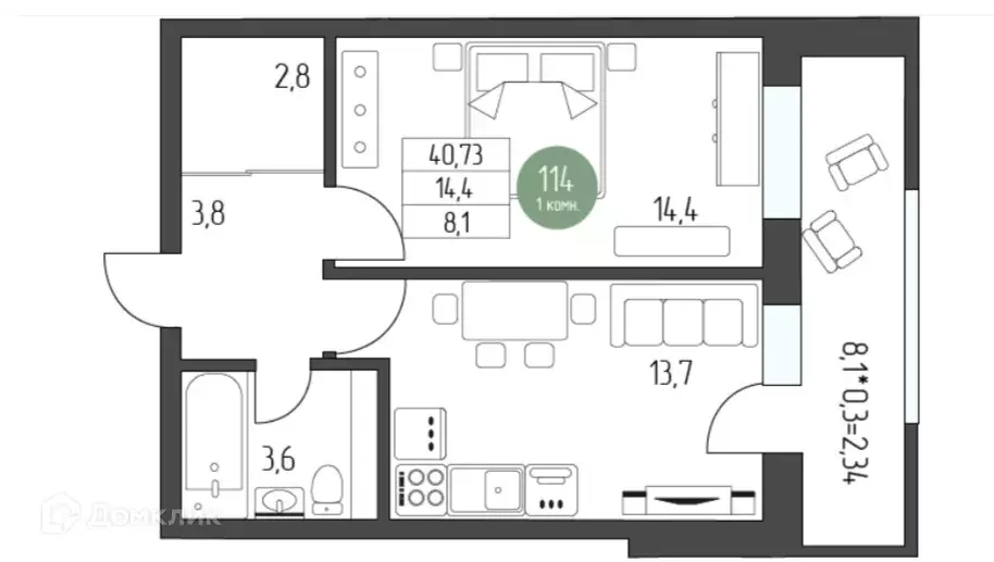 Продаётся 1-к квартира, 41 м - Фото 1