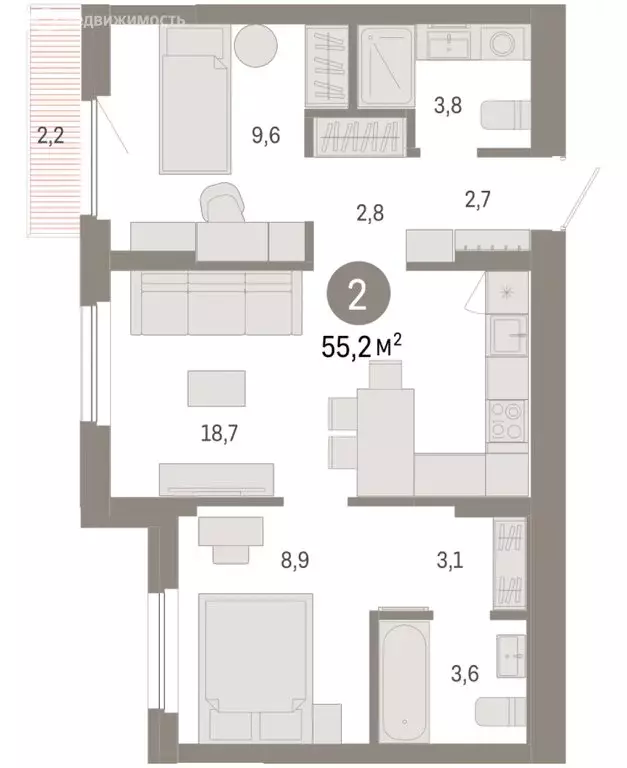 2-комнатная квартира: Новосибирский район, рабочий посёлок Краснообск, ... - Фото 2