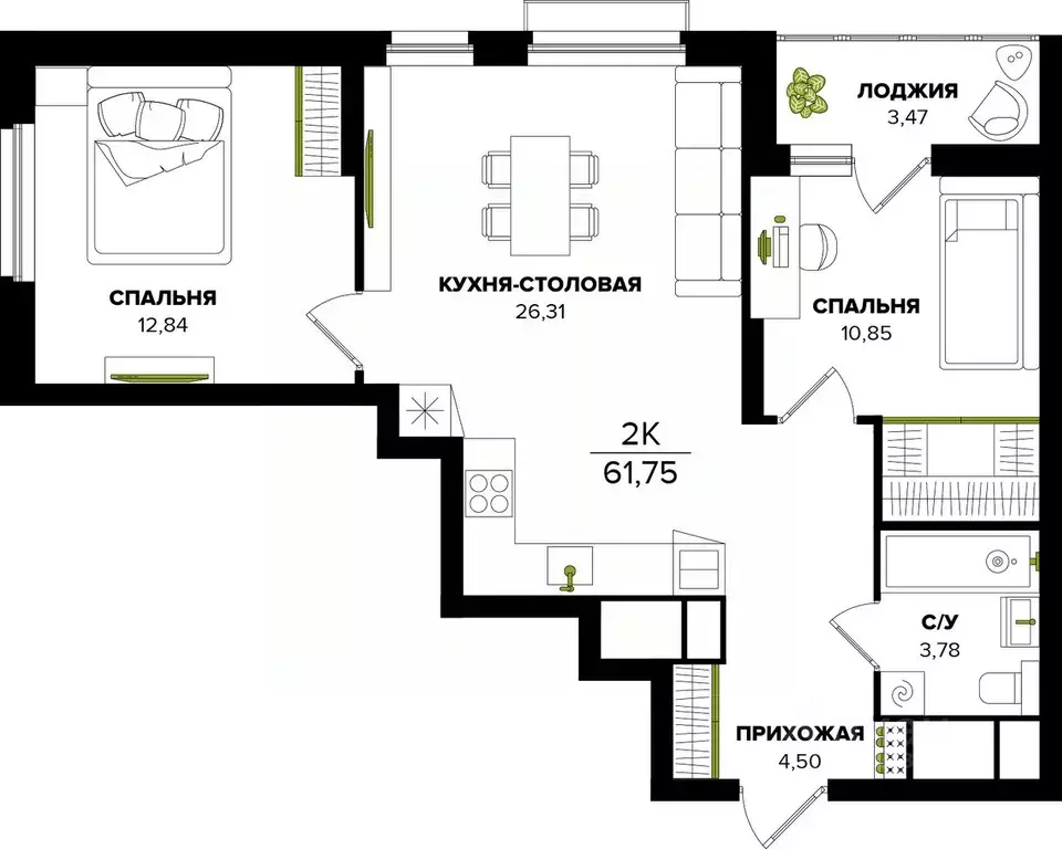2-к кв. Тульская область, Тула  (61.75 м) - Фото 0