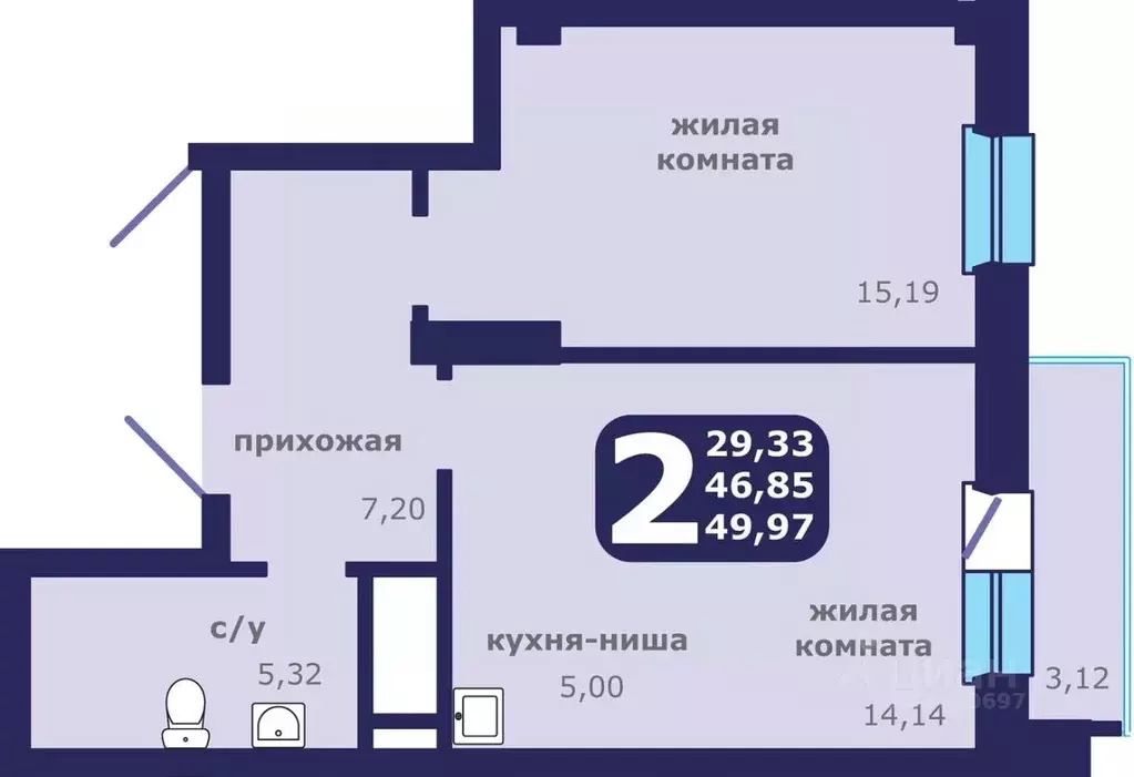 2-к кв. Красноярский край, Красноярск ул. Шевченко, 1 (49.97 м) - Фото 0