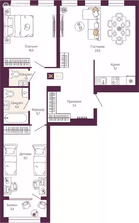 3-комнатная квартира: Нижний Новгород, Нижегородский район (81.9 м) - Фото 1