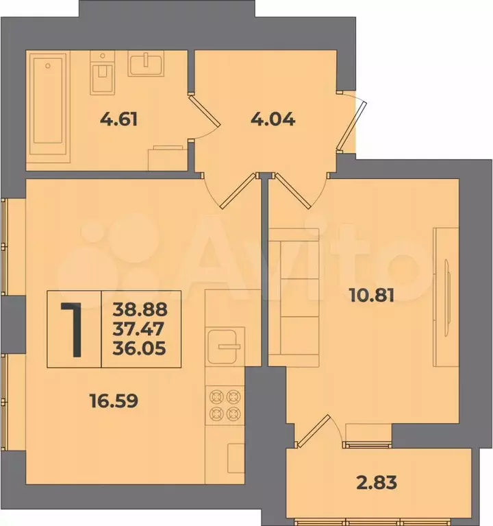 1-к. квартира, 38,9 м, 6/8 эт. - Фото 1