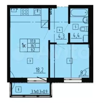 1-к. квартира, 37 м, 2/8 эт. - Фото 1