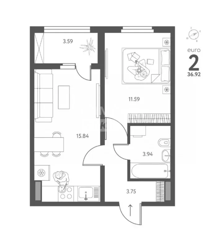 2-комнатная квартира: Липецк, улица Перова, 2Д (36.92 м) - Фото 0