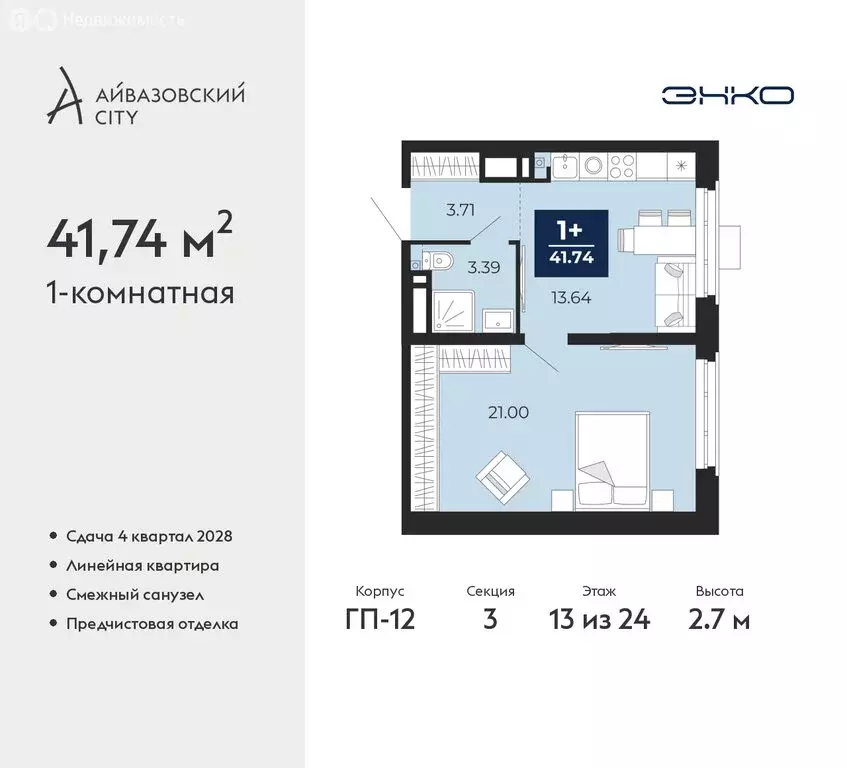 1-комнатная квартира: Тюмень, ЖК Айвазовский Сити (41.74 м) - Фото 1