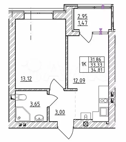 1-к. квартира, 33,3 м, 5/7 эт. - Фото 1