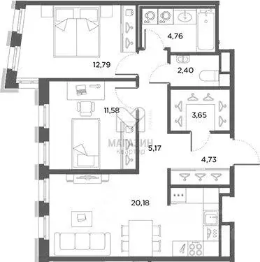 Квартира, 2 комнаты, 65.26 м - Фото 0
