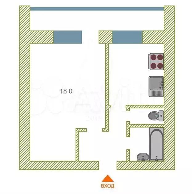 1-к. квартира, 34 м, 1/9 эт. - Фото 0