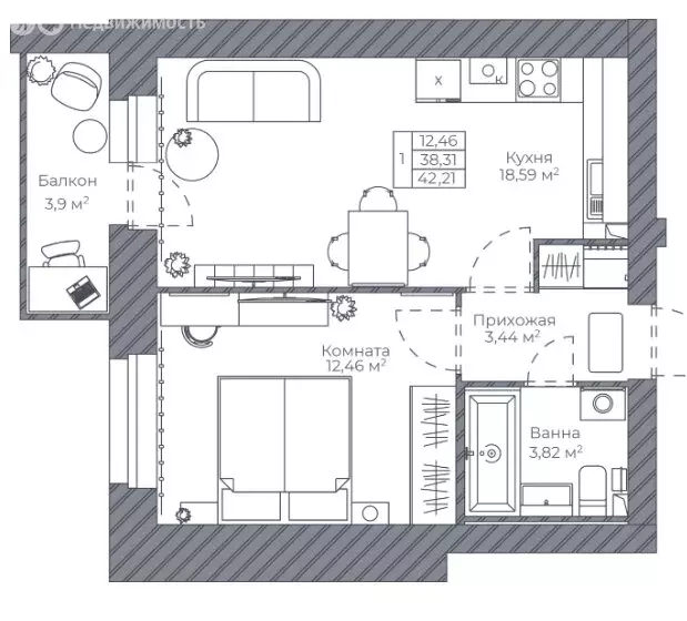 1-комнатная квартира: Ярославль, улица Попова, 14 (42.21 м) - Фото 1