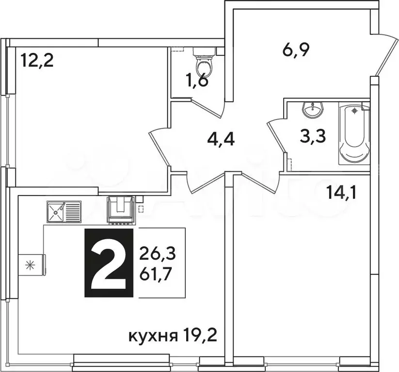 2-к. квартира, 61,7 м, 2/16 эт. - Фото 1