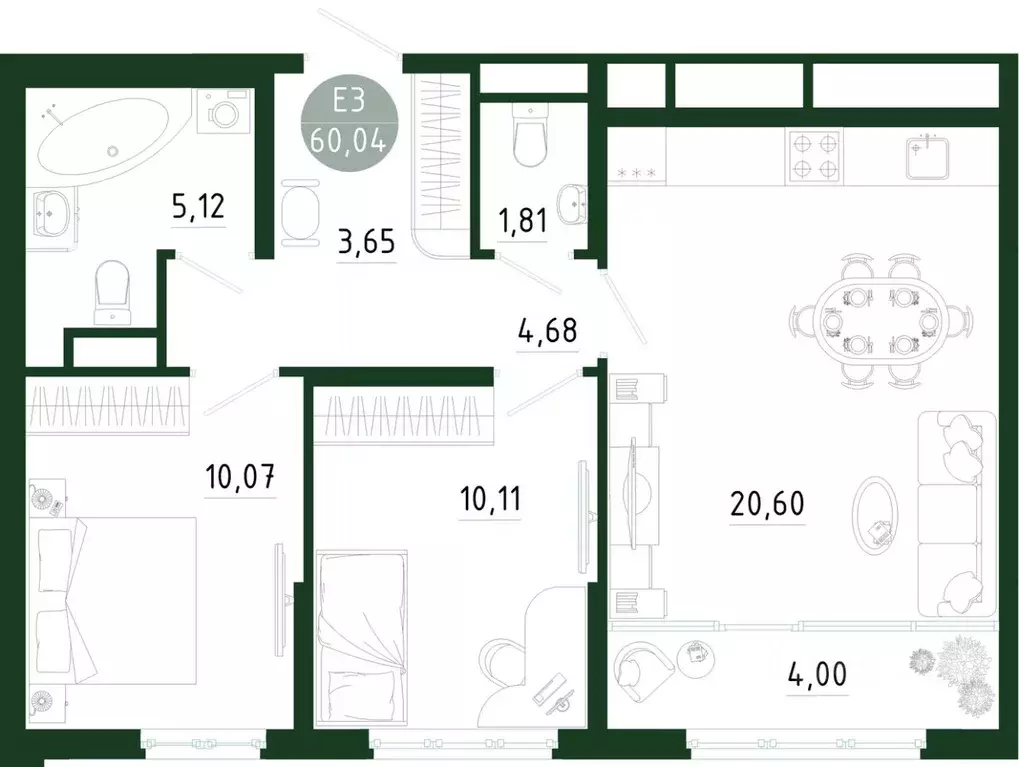 2-к кв. Тульская область, Тула Платон Парк жилой комплекс (60.04 м) - Фото 1