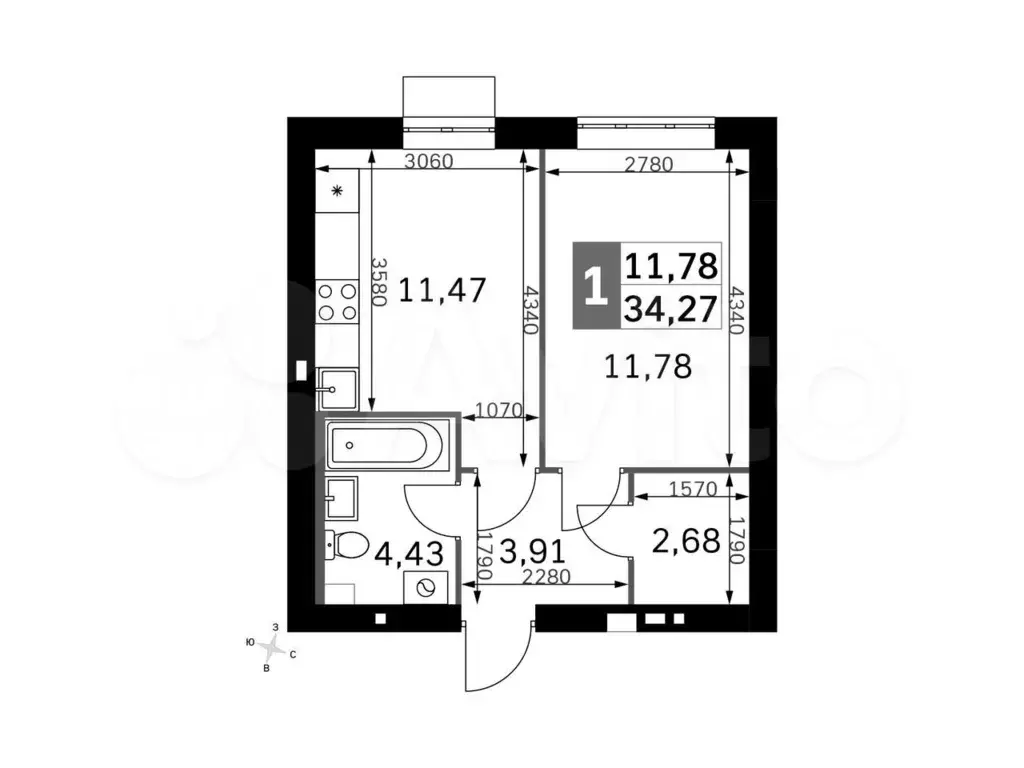 1-к. квартира, 34,3м, 2/4эт. - Фото 0