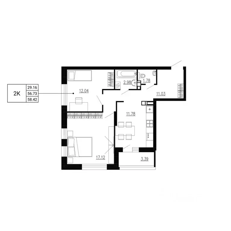 2-к кв. Орловская область, Орел Ломоносов жилой комплекс (58.42 м) - Фото 2