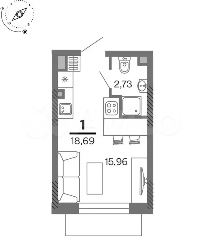 1-к. квартира, 18,7 м, 10/25 эт. - Фото 1