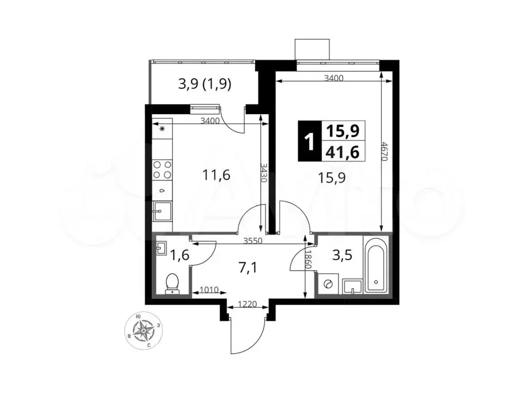 1-к. квартира, 41,6м, 4/25эт. - Фото 0