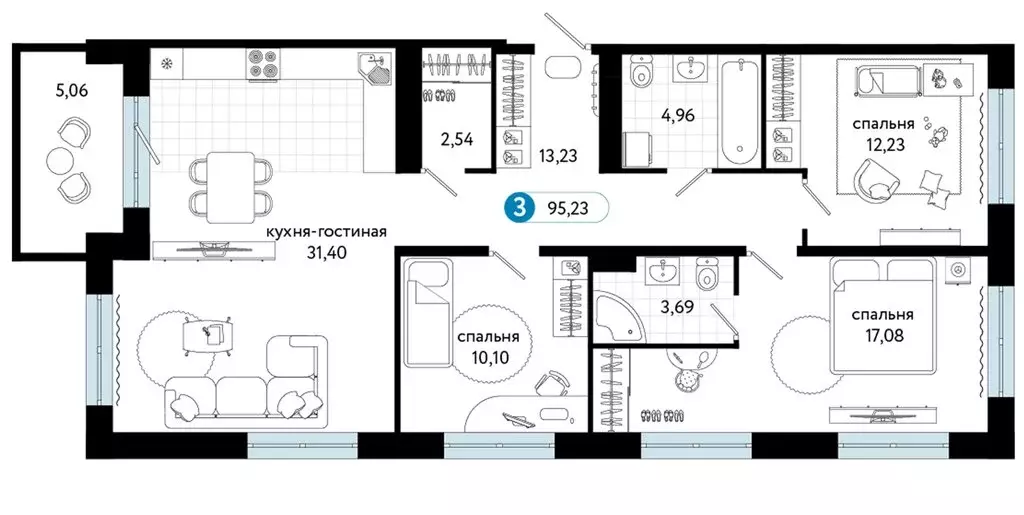 3-комнатная квартира: Тюмень, Ставропольская улица, 10 (95 м) - Фото 1