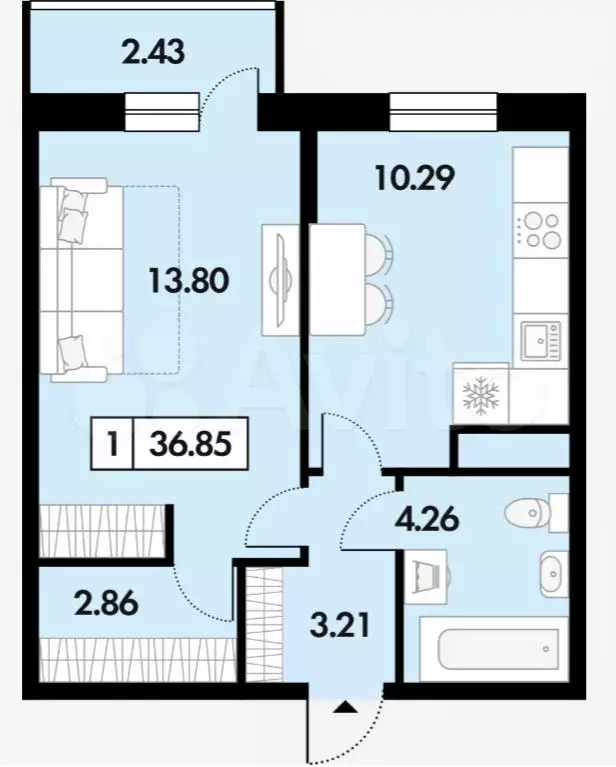 1-к. квартира, 36,9м, 5/7эт. - Фото 0