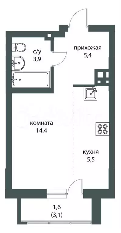 Квартира-студия, 30,9 м, 4/15 эт. - Фото 0