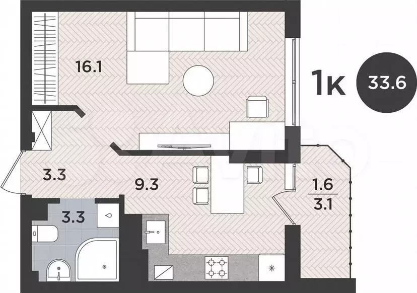 1-к. квартира, 33,6м, 9/9эт. - Фото 1