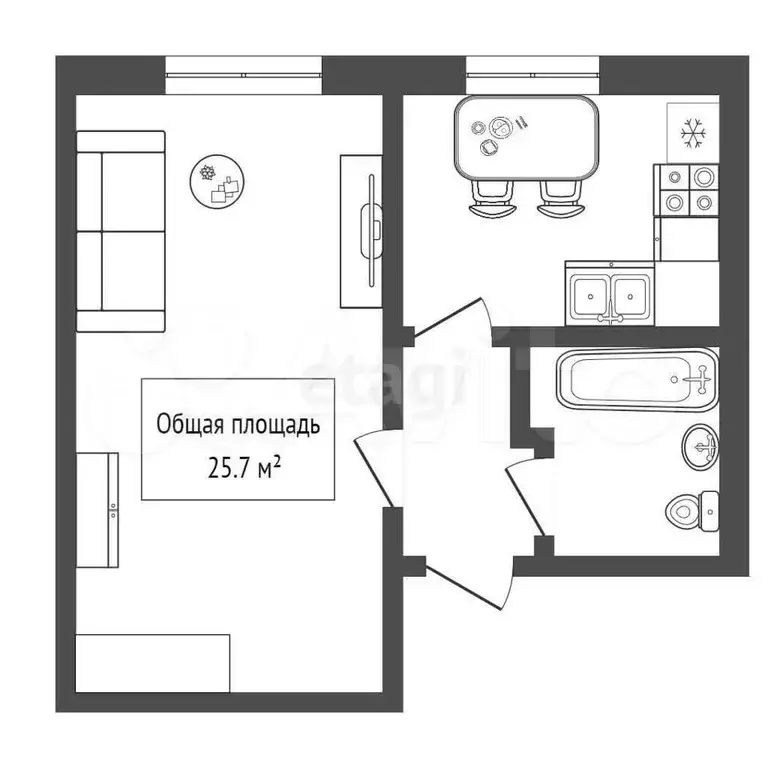 1-к. квартира, 25,7 м, 2/2 эт. - Фото 1