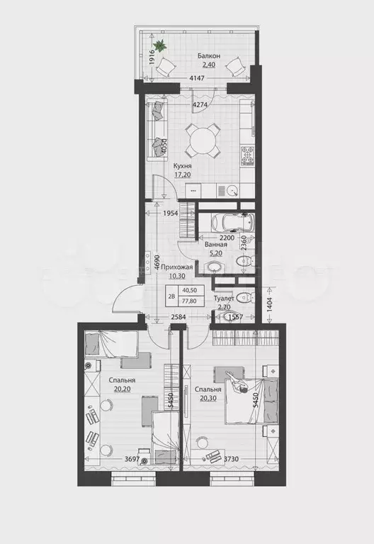 2-к. квартира, 77,8 м, 3/4 эт. - Фото 1