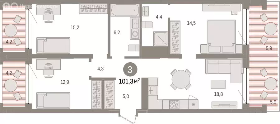 3-комнатная квартира: Тюмень, ЖК Дом у Озера (101.27 м) - Фото 1