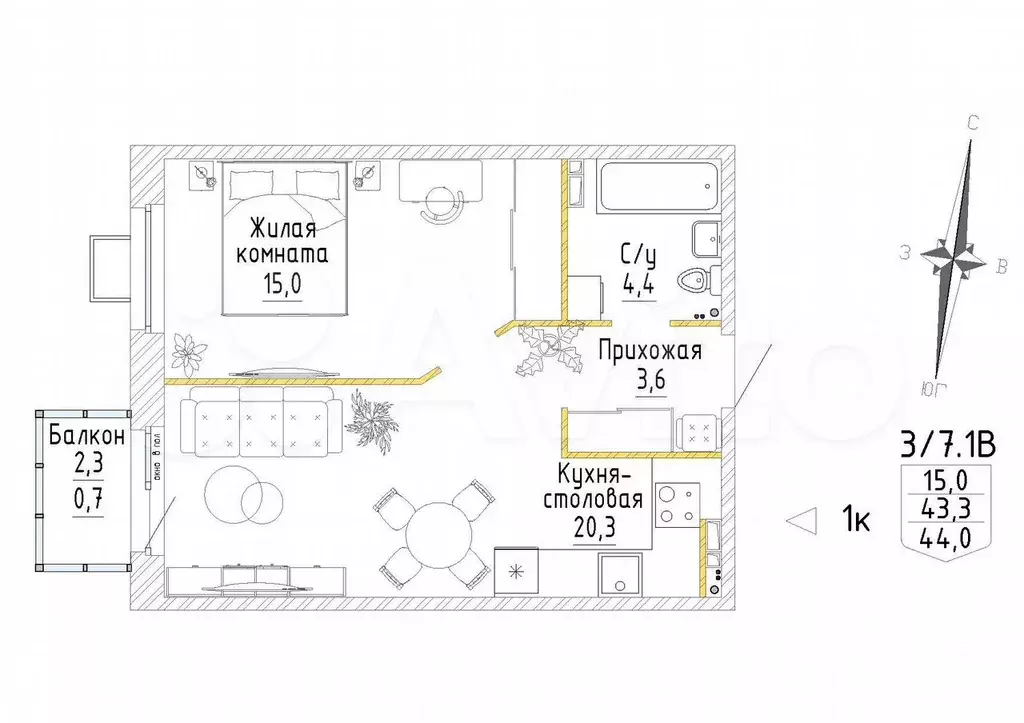 1-к. квартира, 44 м, 6/8 эт. - Фото 0