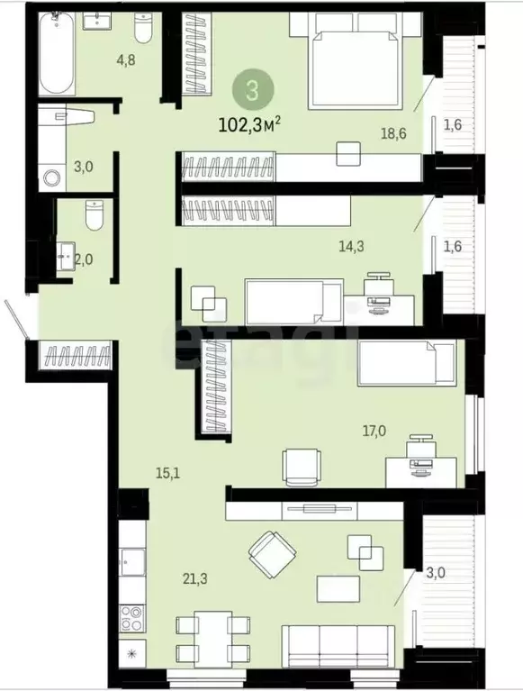 3-к кв. Курганская область, Курган ул. Коли Мяготина, 181 (102.3 м) - Фото 2