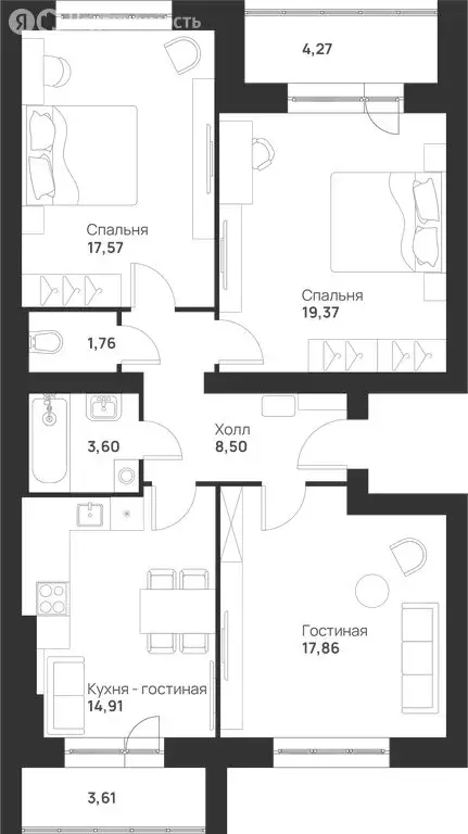 3-комнатная квартира: Тула, улица Героев России, 8 (91.45 м) - Фото 1