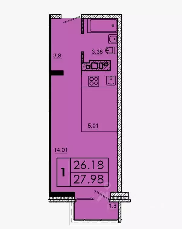 1-к кв. Иркутская область, Иркутск ул. Баумана, 271/1 (28.0 м) - Фото 2