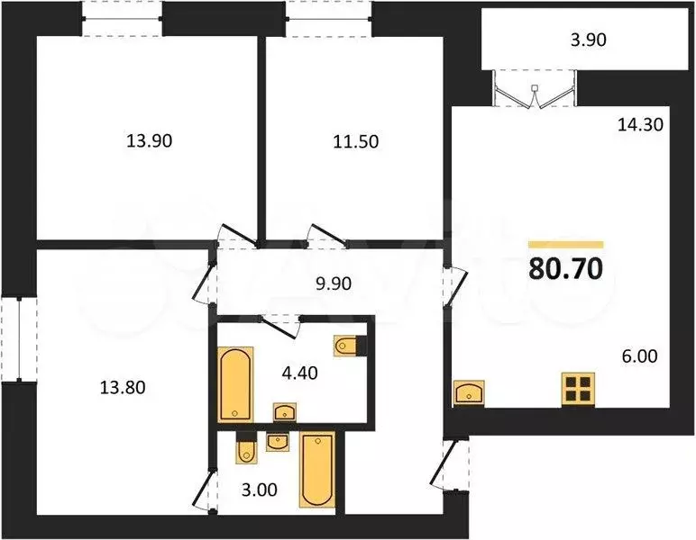 3-к. квартира, 80,7 м, 6/8 эт. - Фото 0