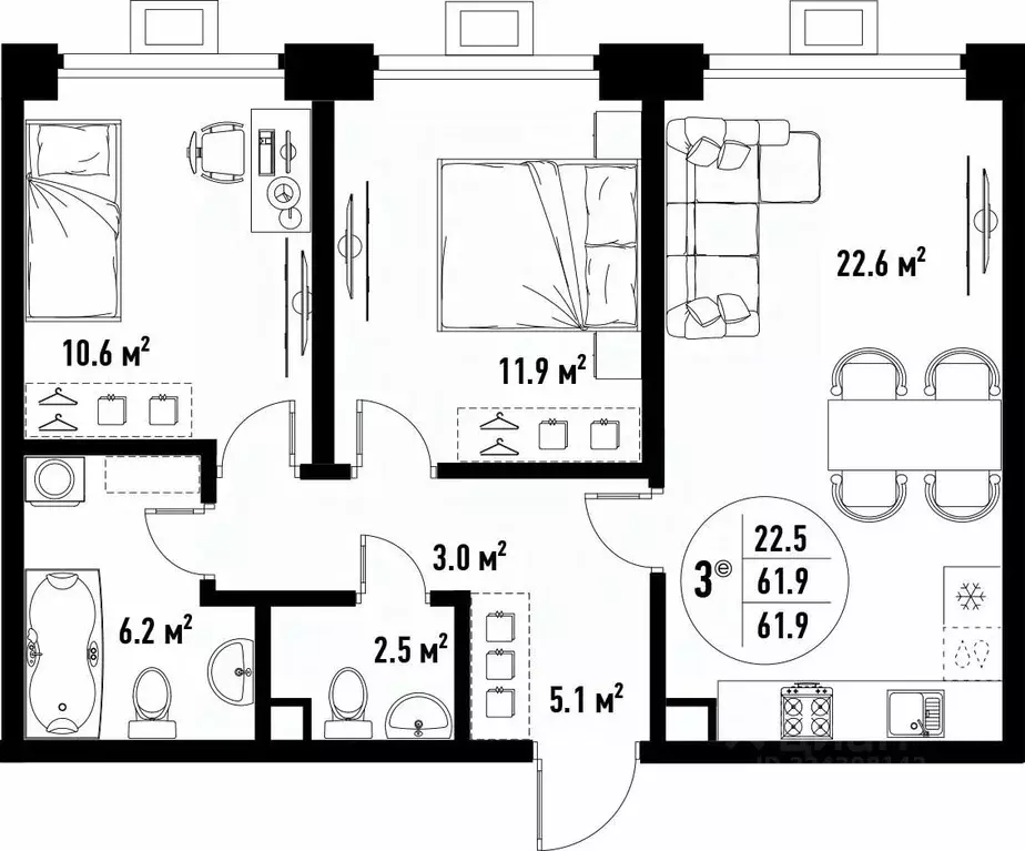 3-к кв. Астраханская область, Астрахань ул. Бэра, 29 (61.9 м) - Фото 1