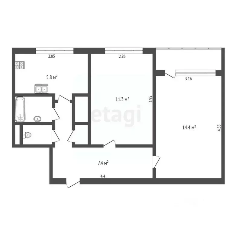 2-к кв. Ямало-Ненецкий АО, Новый Уренгой Юбилейная ул., 4 (43.3 м) - Фото 2