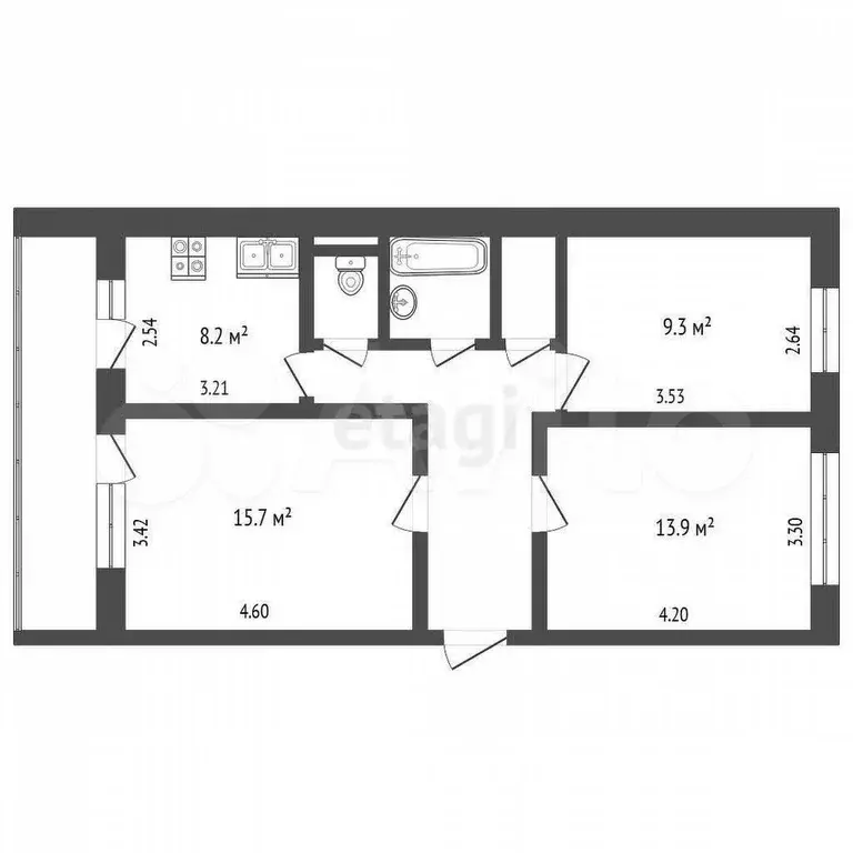 3-к. квартира, 61 м, 4/6 эт. - Фото 0