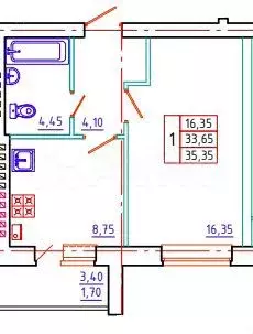1-к. квартира, 35,4 м, 4/5 эт. - Фото 1