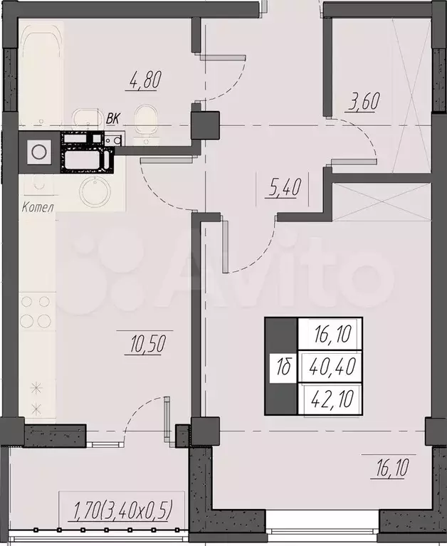 1-к. квартира, 42,1 м, 6/8 эт. - Фото 1