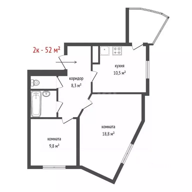 2-к кв. Свердловская область, Екатеринбург ул. Надеждинская, 26 (52.0 ... - Фото 2