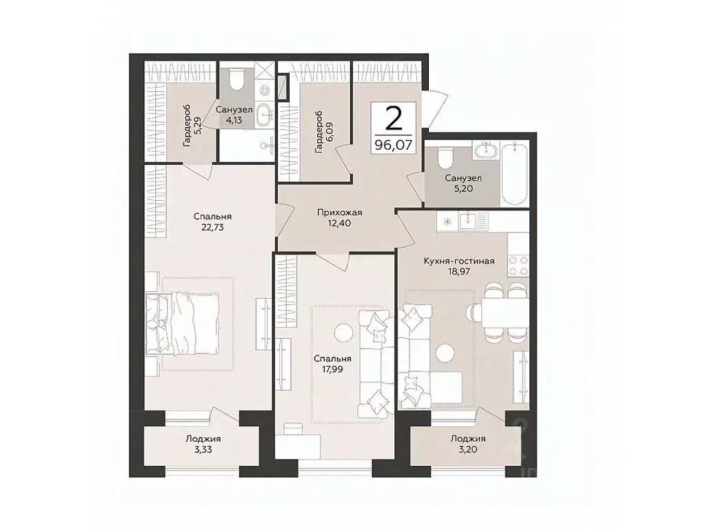 2-к кв. Воронежская область, Воронеж Эклипс жилой комплекс (96.07 м) - Фото 1