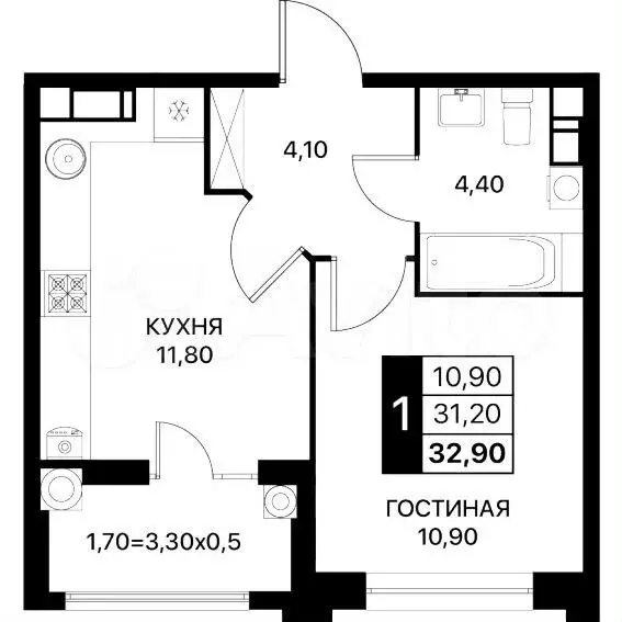 1-к. квартира, 32,9м, 10/20эт. - Фото 1