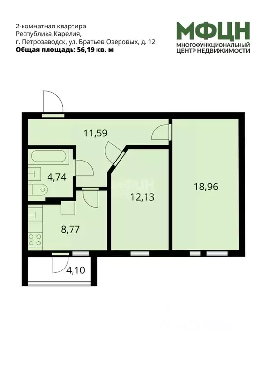 2-к кв. Карелия, Петрозаводск ул. Братьев Озеровых, 12 (56.19 м) - Фото 2