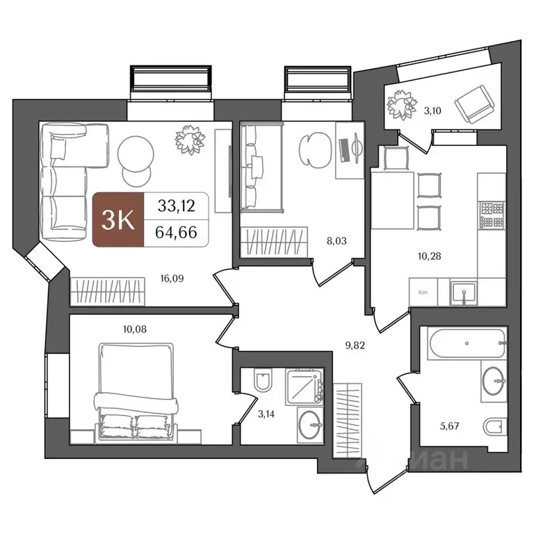 3-к кв. Башкортостан, Уфа Глумилино жилрайон, Холмогоры жилой комплекс ... - Фото 1