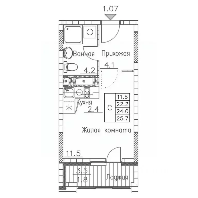 1-к кв. Приморский край, Владивосток ул. Расула Гамзатова, 7к1 (25.7 ... - Фото 1