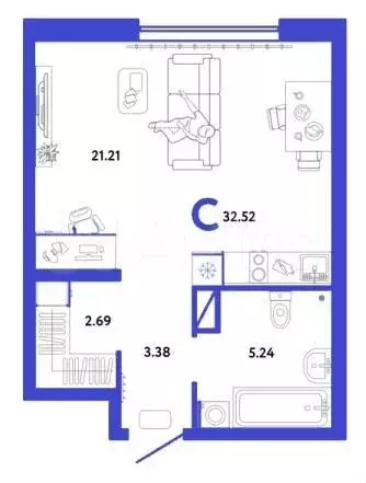 Квартира-студия, 32,5 м, 3/11 эт. - Фото 1